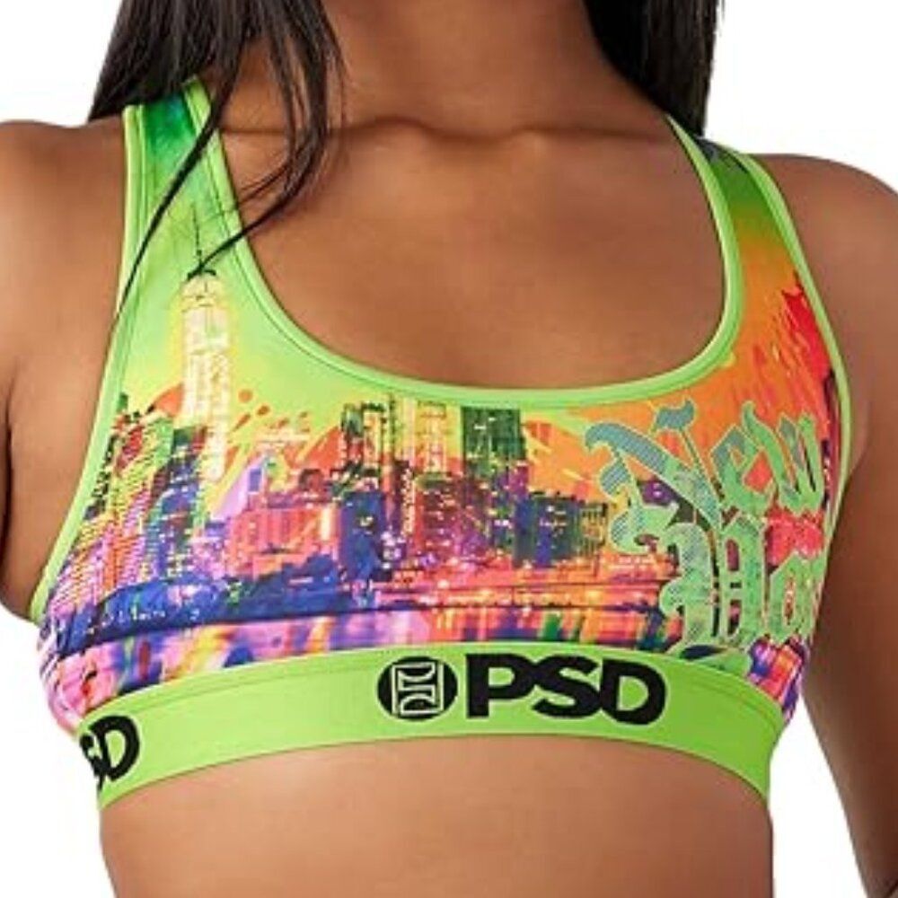 PSD Neon City New York Skyline Sports Bra Small NWT Graphic Streetwear